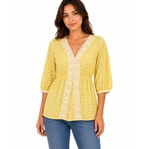 Cynthia Rowley Eyelet Crochet Blouse Elastic Waist 100% Cotton Small Yellow Boho